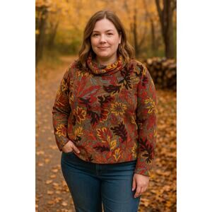 KIYO USA Floral Tapestry Cowl Neck Top XS Boho Artwear Fall Sweater Knit autumn